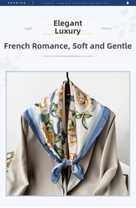 Close-up of floral satin scarf knotted on beige blazer neck featuring orange rose patterns