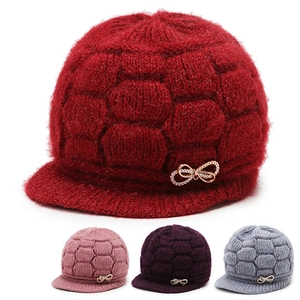 Women Winter Knitted Newsboy Hat Thick Warm Fleece Lined Beanie With Brim Rhinestone Metal Bow Honeycomb Texture Elegant