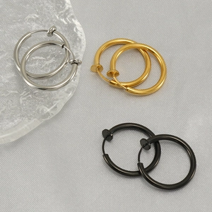 Three pairs of stainless steel non-piercing ear clips in silver, gold, and black colors