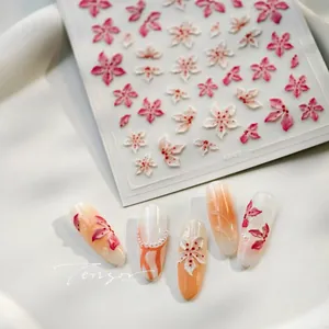 Detailed 3D embossed nail stickers featuring delicate pink flowers and pearl accents