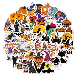 Detailed view of Halloween stickers featuring pumpkins, ghosts, and black cat decorations