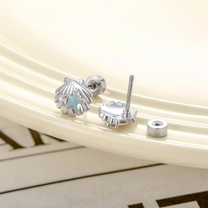 Silver shell and teal starfish cartilage studs with zircon inlay and screw flat back