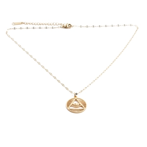 Golden stainless steel necklace featuring a minimalist evil eye pendant on a dainty chain