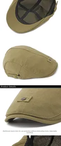 Detail view of olive green flat cap showing reinforced brim and adjustable buckle