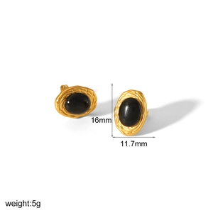 Boucles d'oreilles vintage en acier inoxydable doré 18k avec pierres noires ovales