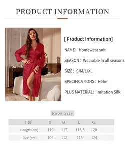 Detailed size chart for red imitation silk sleepwear robe with bust and length guide