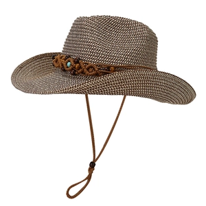 Handwoven straw cowboy hat with wooden bead band and adjustable wind rope for beach travel