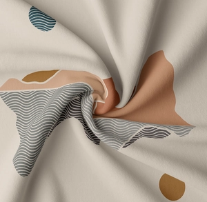 Macro detail of soft cotton tapestry fabric showing abstract geometric art and texture