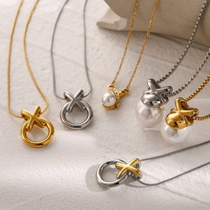18k gold plated stainless steel pearl necklace with XO cross pendant for women