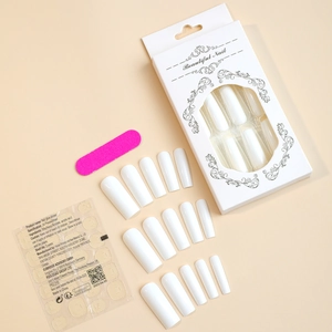 Extra-long coffin style milky white press-on nail kit with adhesive tabs and file