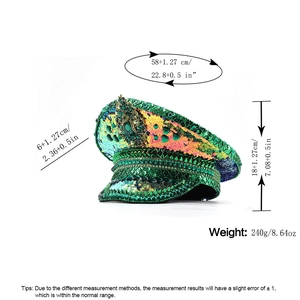 Detailed size specifications of the green sequin captain hat with rhinestone crown detail