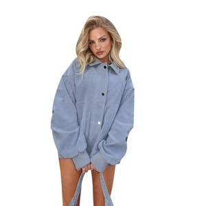 Light blue oversized polo collar jacket in textured corduroy fabric for casual autumn wear