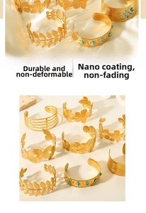 Detail of 18K gold-plated stainless steel bangles with leaf and butterfly patterns