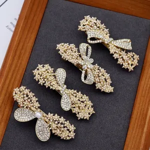 Elegant Faux Artificial Pearl Rhinestone Hair Clip Zinc Alloy Spring Bowknot Flower Design Vintage Hairpin Accessories For Women Girls
