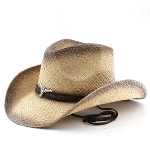 Cappello da cowboy vintage in rafia con fibbia a testa di toro e bordo marrone