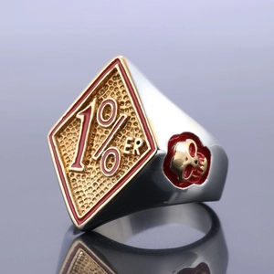 Macro view of 1%er biker ring with gold skull relief and red enamel on stainless steel