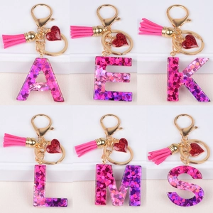 Initial Letter Keychain Resin Sequin Heart Pendant Suede Tassel Bag Charm For Women Girls Sparkly Gold Tone Accessory