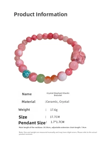 Bracelet en cristal rose avec breloque éléphant, taille 17,7 cm et poids 17,6 g affichés