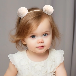Toddler wearing a cute headband with dual beige faux fur pom poms and plush ears