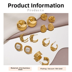 Detail of 18K gold-plated 316 stainless steel earrings with pearl and hammered texture