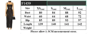 Detailed size chart for the white lace evening dress showing bust and waist measurements