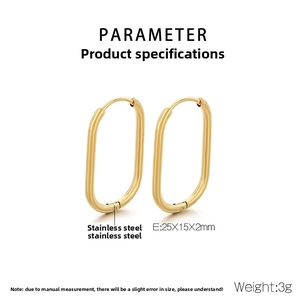 Macro shot of gold stainless steel oval earring with detailed size and weight specs