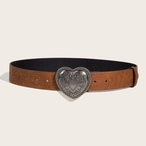 Vintage brown leather belt with paisley pattern and silver heart-shaped carved buckle