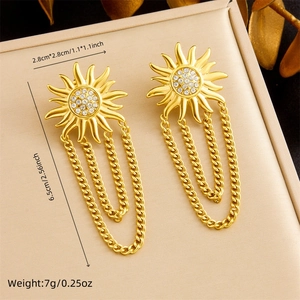 Detail of gold sun earrings with tassels, crystals and precise size measurements