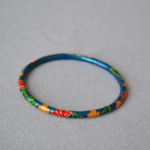 Traditional brass gold-plated cloisonne enamel bangle with blue gingko flower pattern