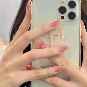 Long Coffin Press On Nails Pink Blush Gradient Ice Translucent Glossy Detachable False Fingernails With Glue