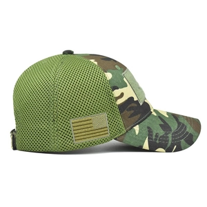 Side view of camo mesh baseball cap with American flag velcro patch and jungle pattern