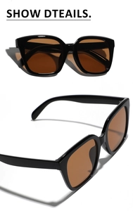 Detail view of square black frame sunglasses with brown lenses from multiple angles