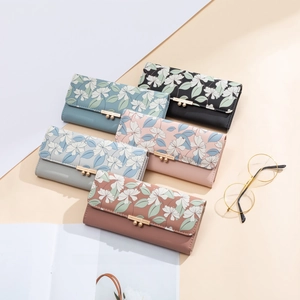 Elegant long trifold wallet for women with floral print and metal snap button closure
