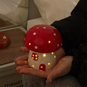 Mushroom Night Light Ceramic Mushroom House Shape Warm LED Glow Desk Figurine For Bedroom Bedside Decor Nordic Creative Gift