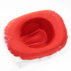 Detailed close-up of red felt cowboy hat with white faux fur trim and silver tinsel