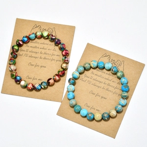 Detail of bohemian imperial stone beaded bracelets on sentiment gift card packaging