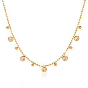 Detail of 18K gold-plated bead chain necklace with sparkling zircon drop pendants