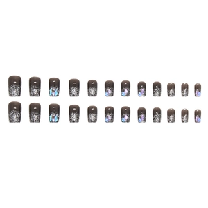 Sparkling aurora glitter press-on nails in black gradient medium square shape 24pcs