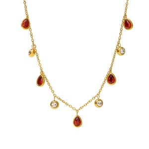 Gold-plated stainless steel necklace with red teardrop and crystal circle pendants