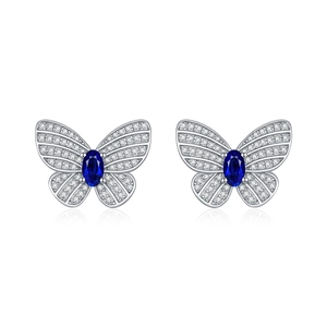 Boucles d'oreilles papillon en argent S925 avec pierre bleu royal et pavé de diamants