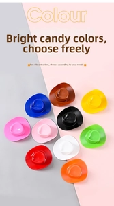 Detailed top view of mini plastic cowboy hats in ten vibrant colors for doll DIY crafts
