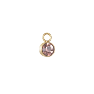 Macro detail of round gold-plated pendant with faceted pink zircon birthstone
