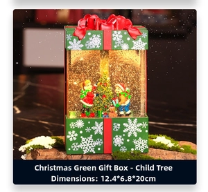 Detailed view of a musical Christmas gift box snow globe with light and swirling glitter