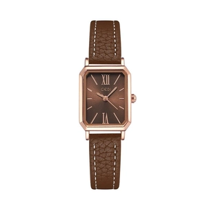 Elegant rectangular rose gold women's watch with brown leather strap and Roman numerals
