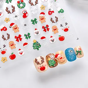 3D embossed Christmas nail stickers with Santa, reindeer, and crystal accents