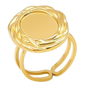 Detail view of a gold geometric ring with flat round top and twisted rope border