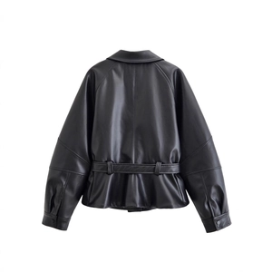Back view of a fashionable black cropped leather jacket for women with waist cinching details