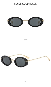 Front and side views of vintage oval sunglasses with black frames and gold metal temples