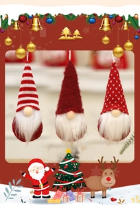Close-up of three knitted Christmas gnome ornaments with red hats and white faux fur beards