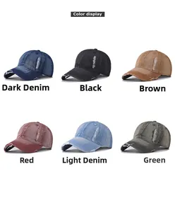 Detailed color selection display of vintage distressed washed denim baseball caps